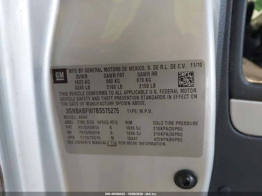 CHEVROLET HHR 2011 VIN 3GNBABFW7BS575275
