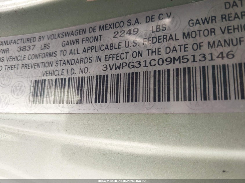 VOLKSWAGEN NEW BEETLE 2009 VIN 3VWPG31C09M513146