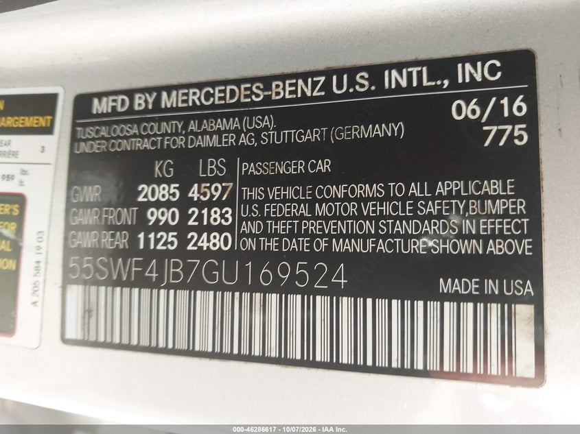 MERCEDES-BENZ C 300 2016 VIN 55SWF4JB7GU169524