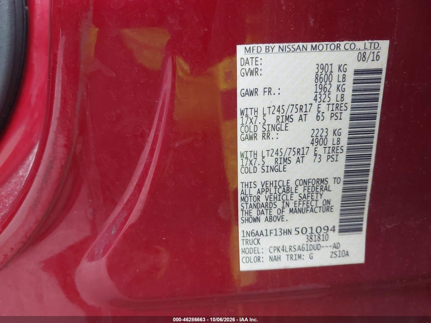 NISSAN TITAN XD 2017 VIN 1N6AA1F13HN501094