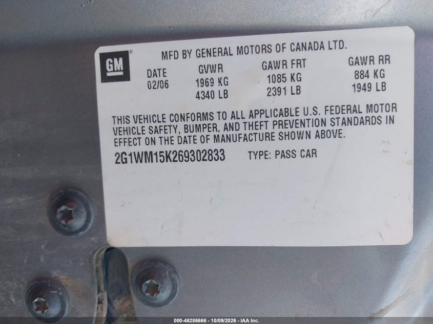 CHEVROLET MONTE CARLO 2006 VIN 2G1WM15K269302833