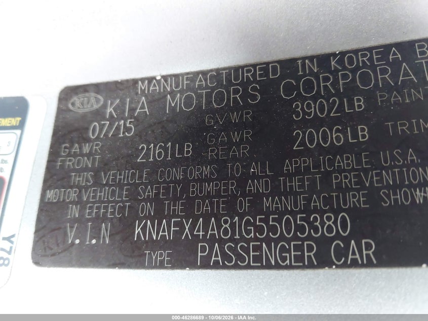 KIA FORTE 2016 VIN KNAFX4A81G5505380