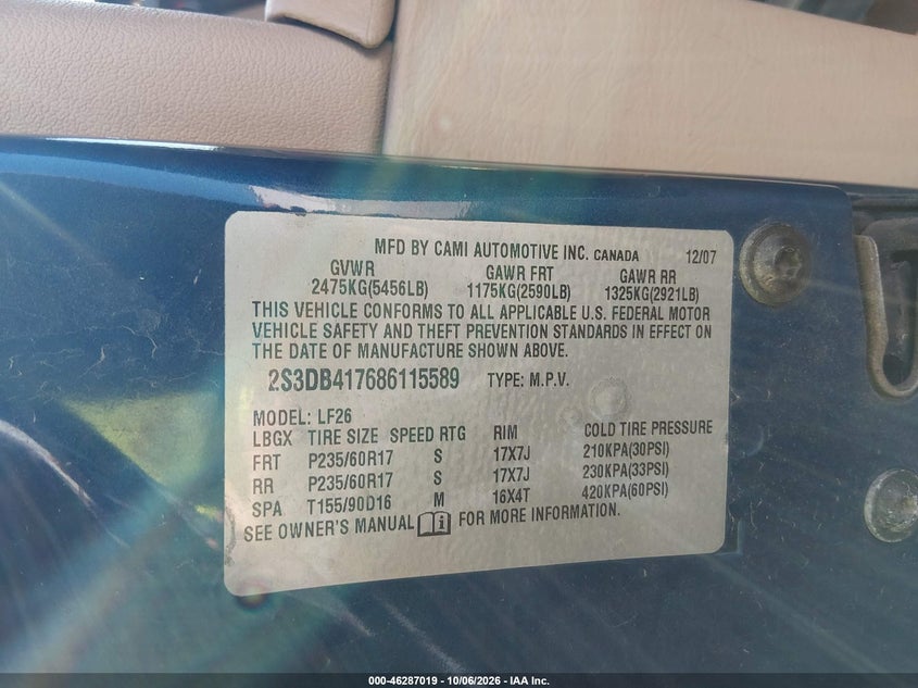SUZUKI XL7 2008 VIN 2S3DB417686115589