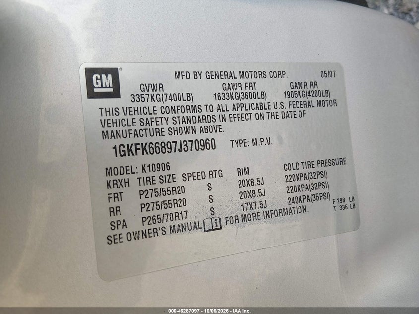 GMC YUKON XL 1500 2007 VIN 1GKFK66897J370960