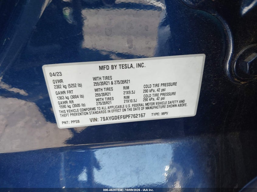 TESLA MODEL Y 2023 VIN 7SAYGDEF6PF762167