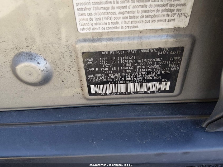 SUBARU OUTBACK 2011 VIN 4S4BRDKC2B2343523