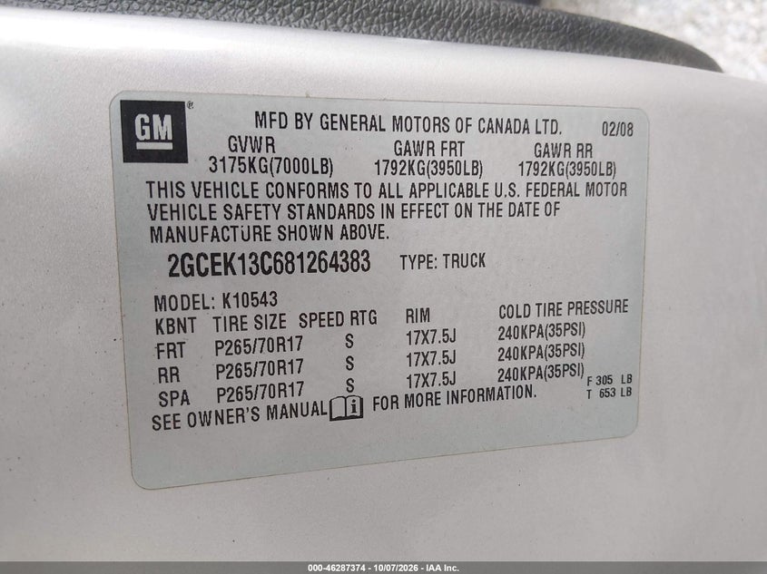 CHEVROLET SILVERADO 1500 2008 VIN 2GCEK13C681264383