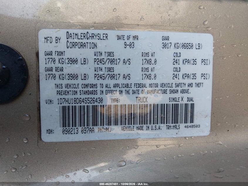 DODGE RAM 1500 2004 VIN 1D7HU18D64S526430
