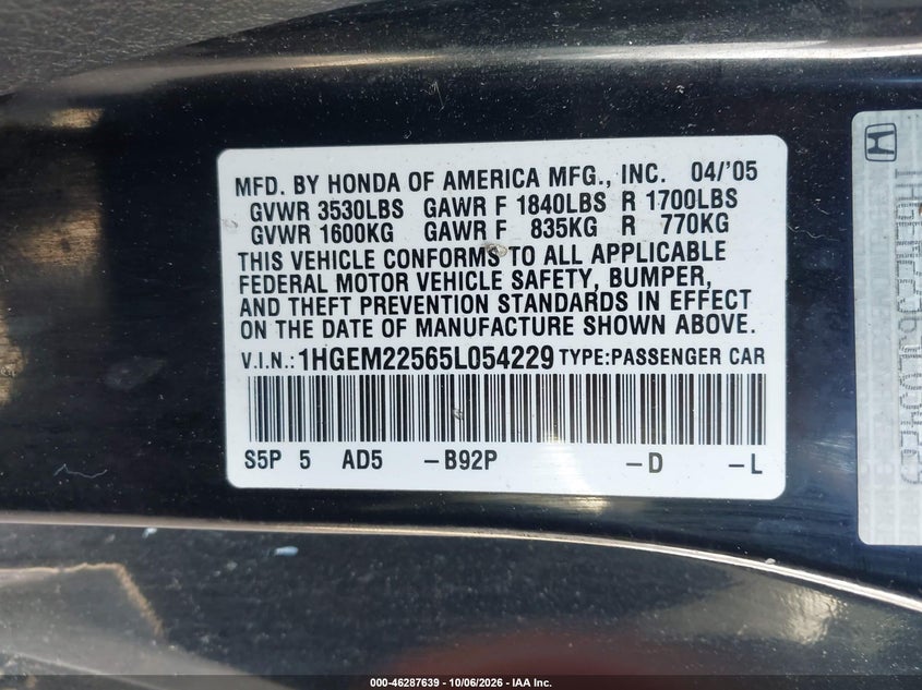 HONDA CIVIC 2005 VIN 1HGEM22565L054229