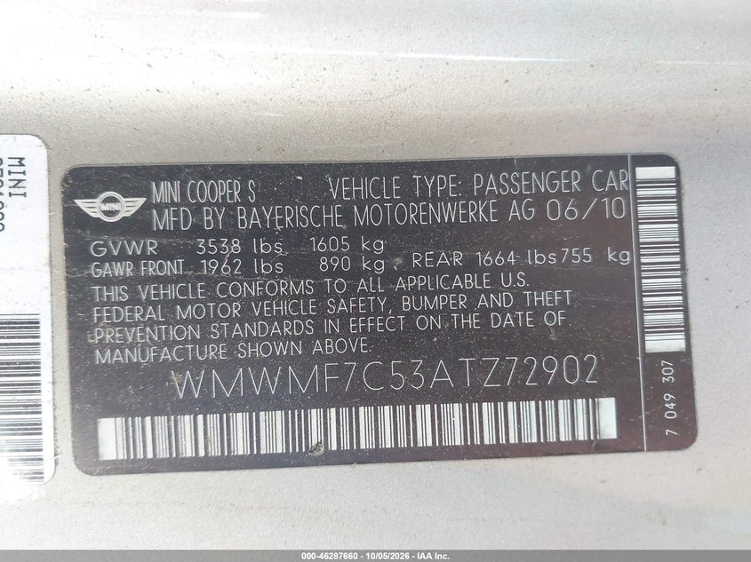 MINI COOPER S 2010 VIN WMWMF7C53ATZ72902
