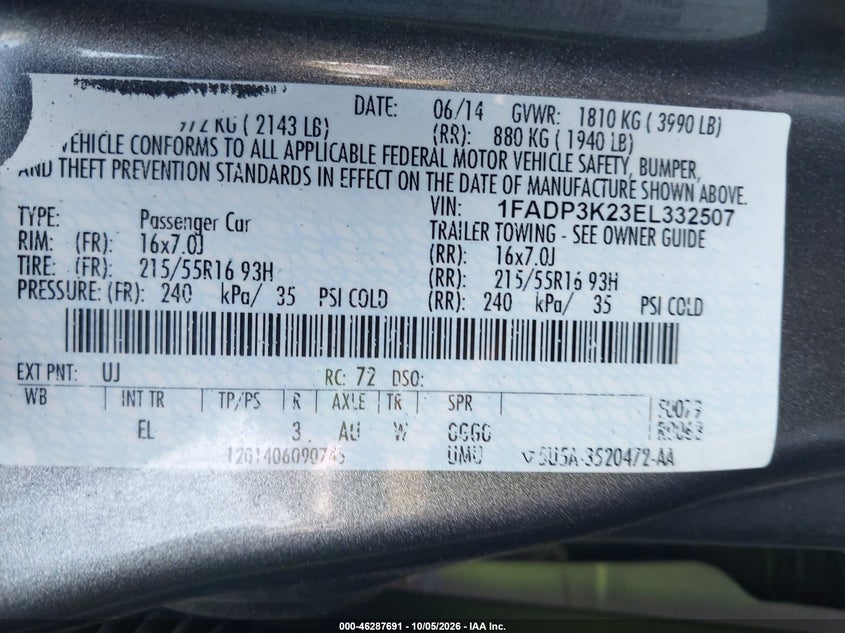 FORD FOCUS 2014 VIN 1FADP3K23EL332507