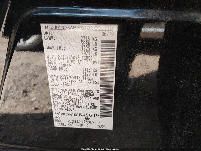 NISSAN PATHFINDER 2019 VIN 5N1DR2MM4KC645649