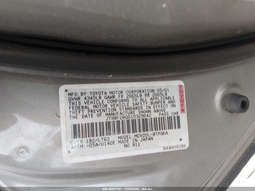 LEXUS ES 300 2001 VIN JT8BF28G010329642