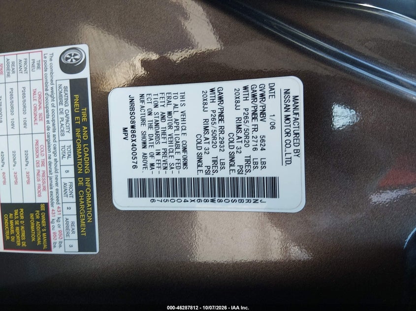 INFINITI FX45 2006 VIN JNRBS08W86X400576