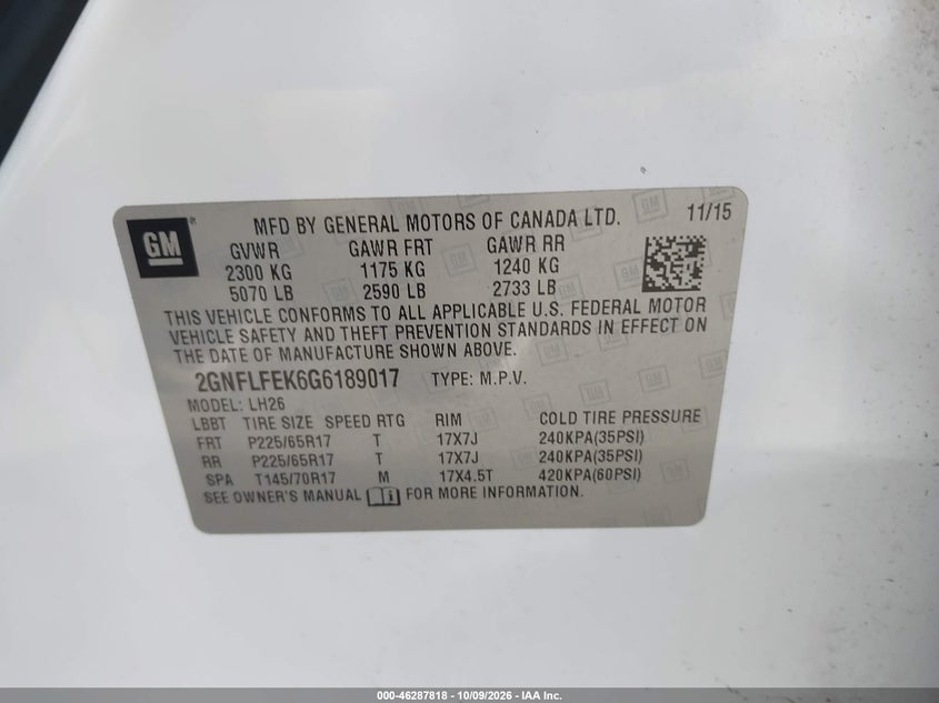 CHEVROLET EQUINOX 2016 VIN 2GNFLFEK6G6189017