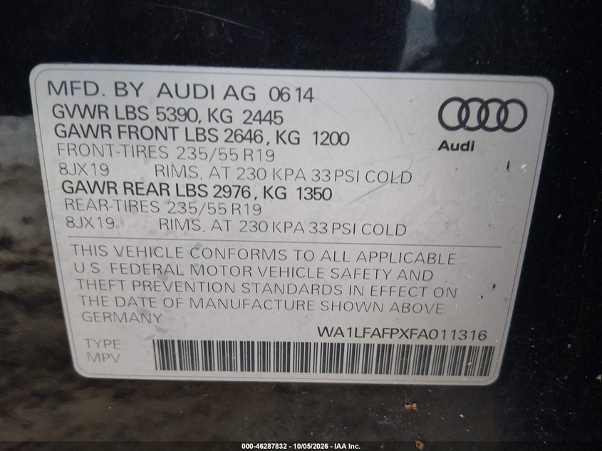 AUDI Q5 2015 VIN WA1LFAFPXFA011316