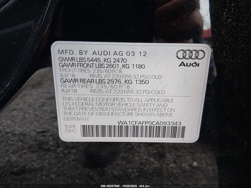 AUDI Q5 2012 VIN WA1CFAFP0CA093343