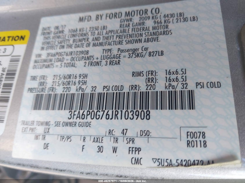 FORD FUSION 2018 VIN 3FA6P0G76JR103908