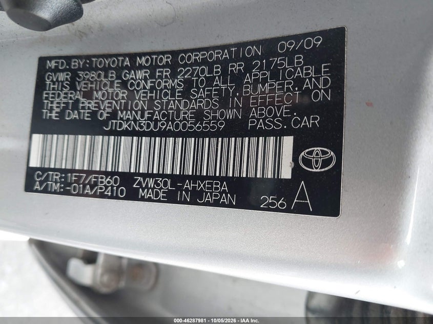 TOYOTA PRIUS 2010 VIN JTDKN3DU9A0056559