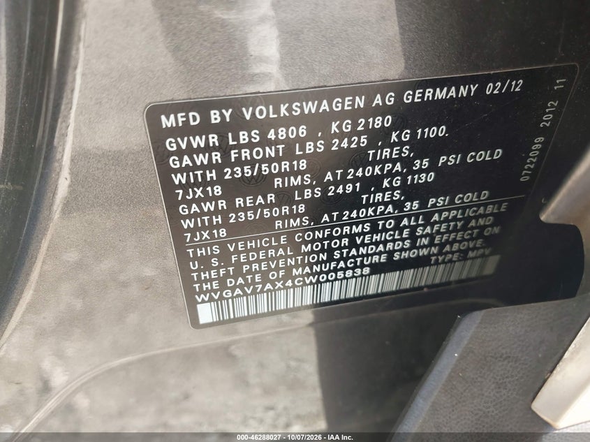 VOLKSWAGEN TIGUAN 2012 VIN WVGAV7AX4CW005838