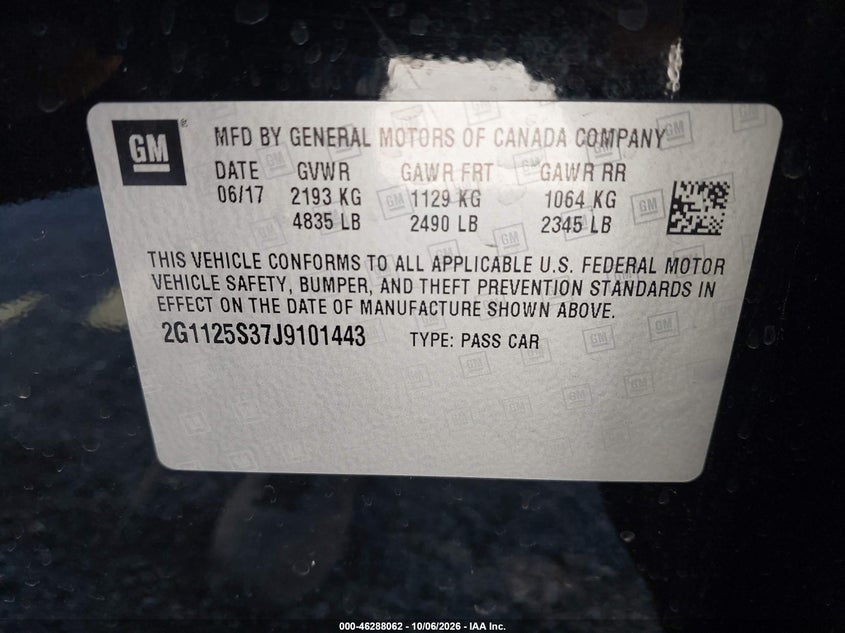 CHEVROLET IMPALA 2018 VIN 2G1125S37J9101443