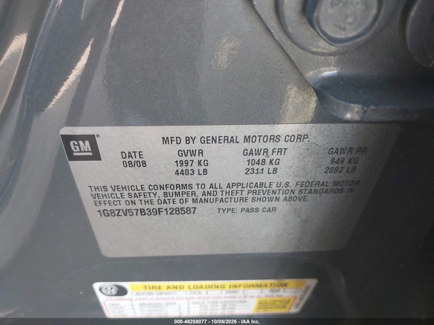 SATURN AURA 2009 VIN 1G8ZV57B39F128587