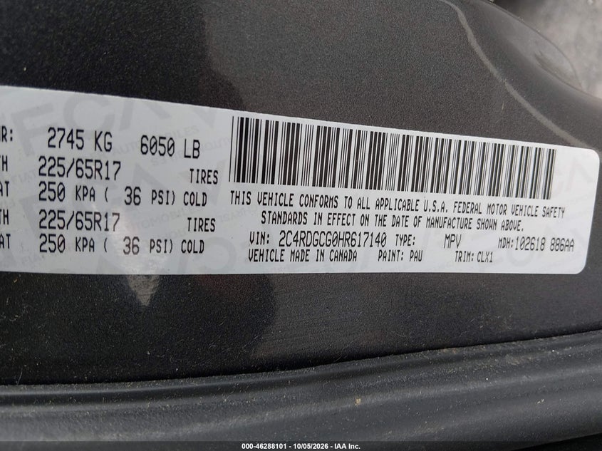 DODGE GRAND CARAVAN 2017 VIN 2C4RDGCG0HR617140
