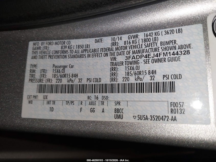 FORD FIESTA 2015 VIN 3FADP4EJ4FM144328