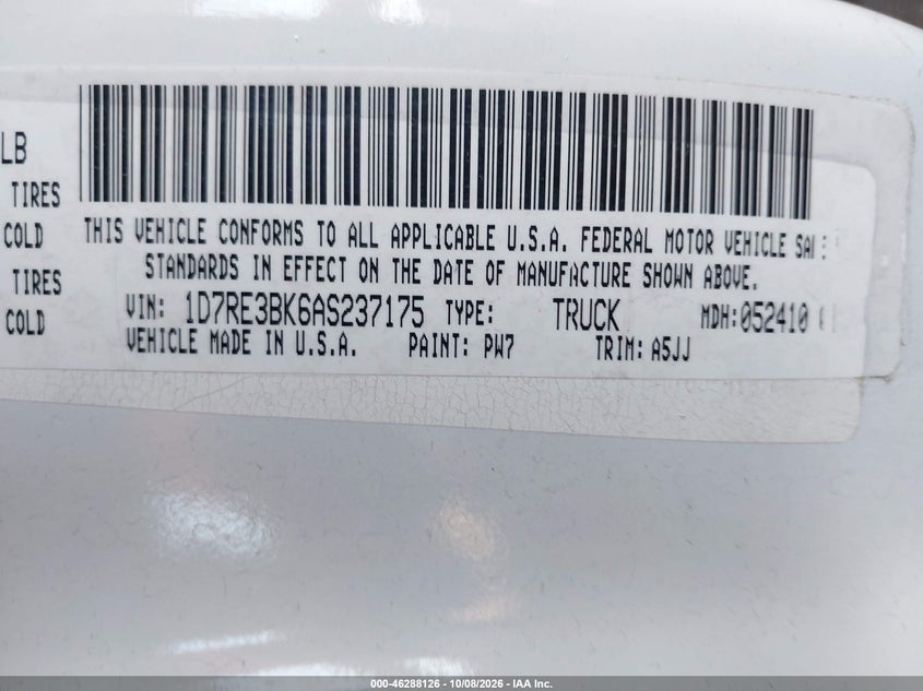DODGE DAKOTA 2010 VIN 1D7RE3BK6AS237175