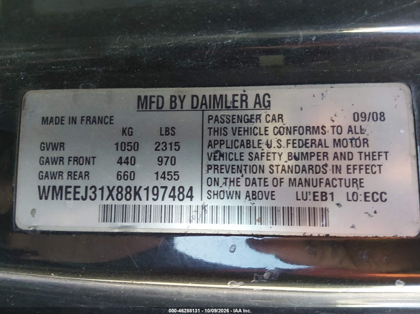 SMART FORTWO 2008 VIN WMEEJ31X88K197484