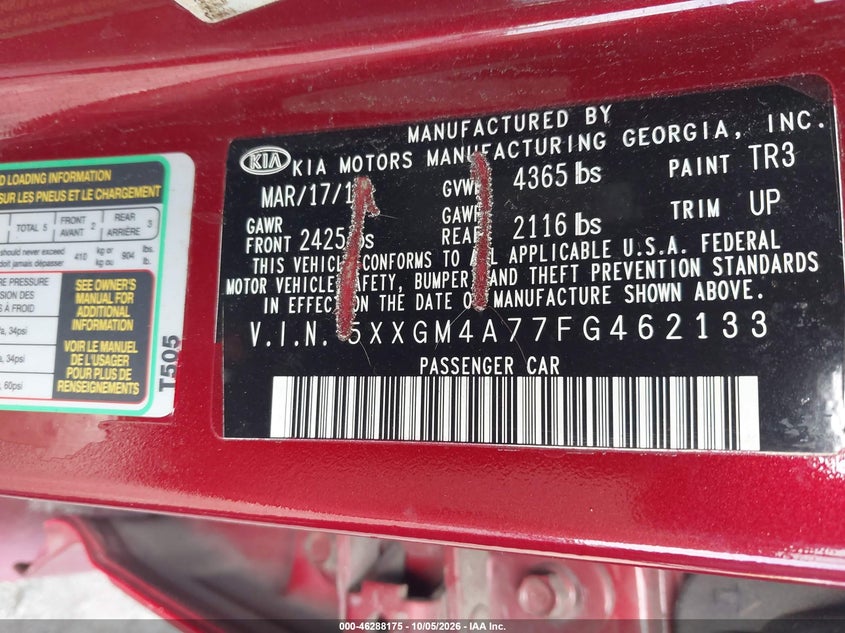KIA OPTIMA 2015 VIN 5XXGM4A77FG462133