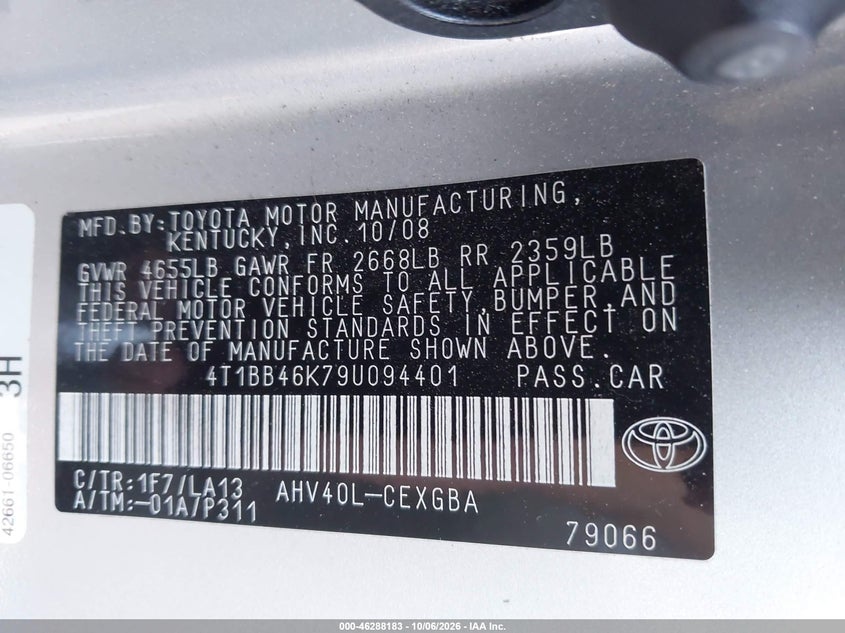 TOYOTA CAMRY HYBRID 2009 VIN 4T1BB46K79U094401