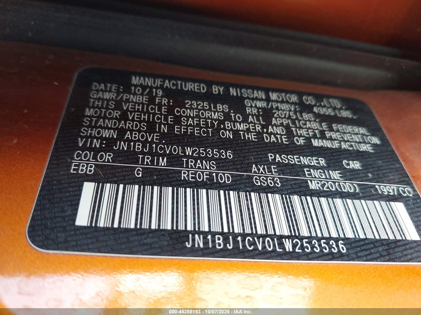 NISSAN ROGUE SPORT 2020 VIN JN1BJ1CV0LW253536