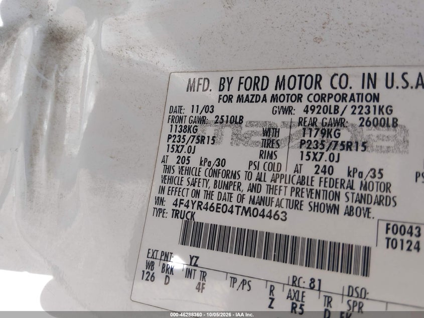 MAZDA B4000 2004 VIN 4F4YR46E04TM04463