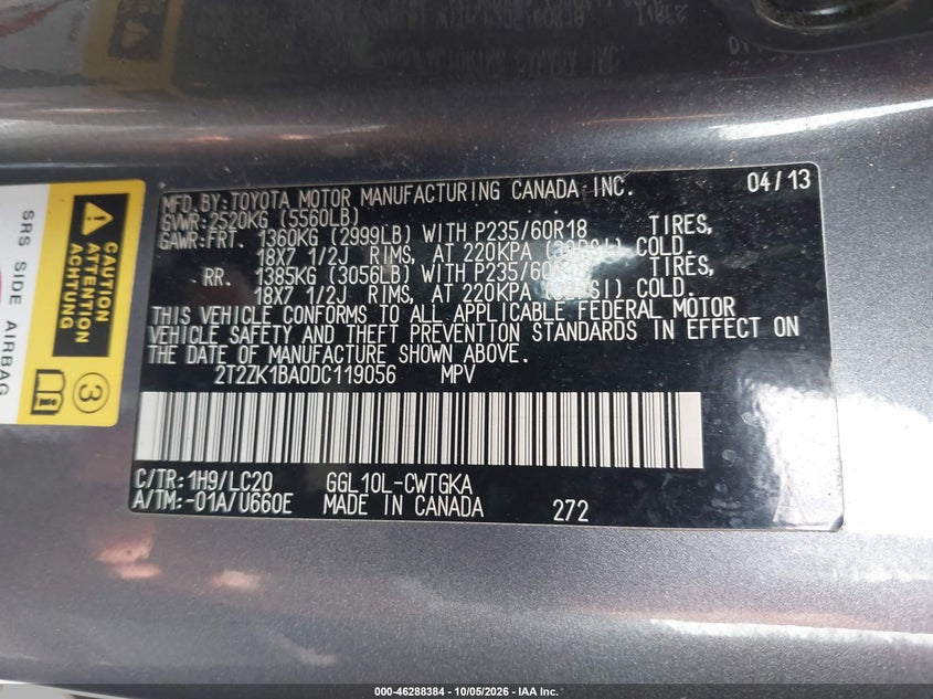 LEXUS RX 350 2013 VIN 2T2ZK1BA0DC119056