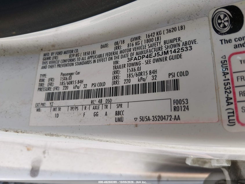 FORD FIESTA 2018 VIN 3FADP4EJ5JM142533