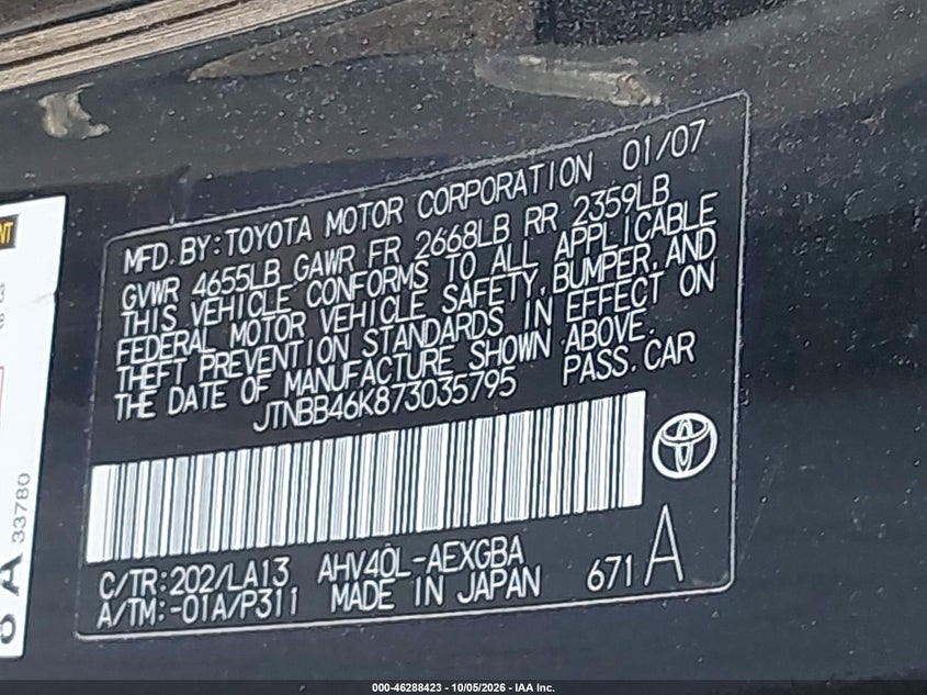 TOYOTA CAMRY HYBRID 2007 VIN JTNBB46K873035795
