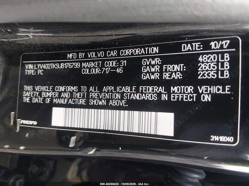 VOLVO S60 INSCRIPTION 2018 VIN LYV402TK9JB176799