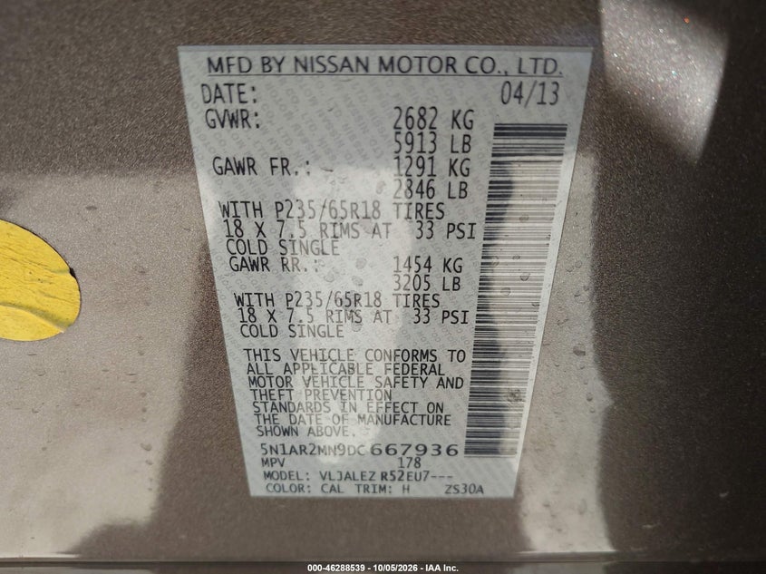 NISSAN PATHFINDER 2013 VIN 5N1AR2MN9DC667936
