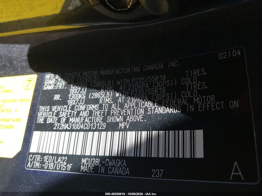 LEXUS RX 330 2004 VIN 2T2HA31U04C013129