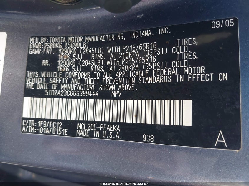 TOYOTA SIENNA 2006 VIN 5TDZA23C66S399444