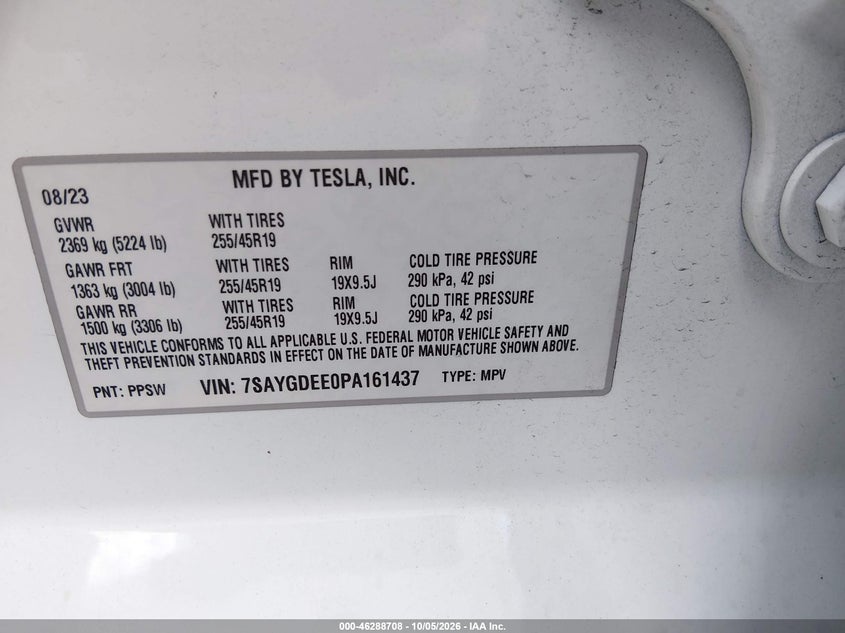 TESLA MODEL Y 2023 VIN 7SAYGDEE0PA161437