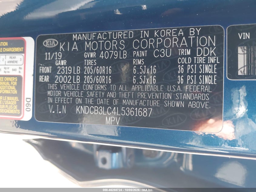 KIA NIRO 2020 VIN KNDCB3LC4L5361687
