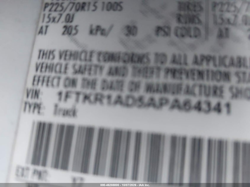 FORD RANGER 2010 VIN 1FTKR1AD5APA64341
