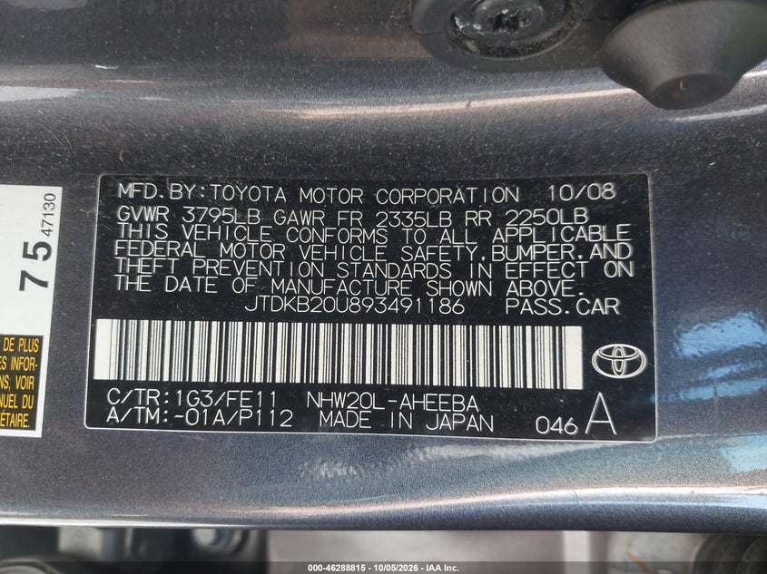 TOYOTA PRIUS 2009 VIN JTDKB20U893491186
