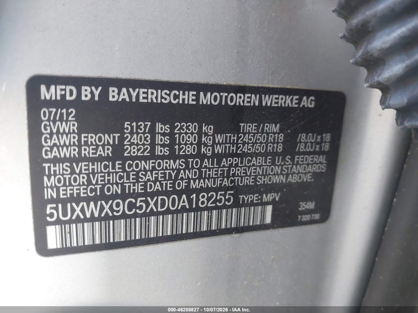 BMW X3 2013 VIN 5UXWX9C5XD0A18255