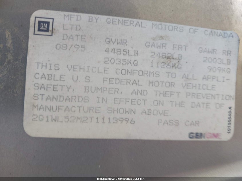 CHEVROLET LUMINA 1996 VIN 2G1WL52M2T1113996