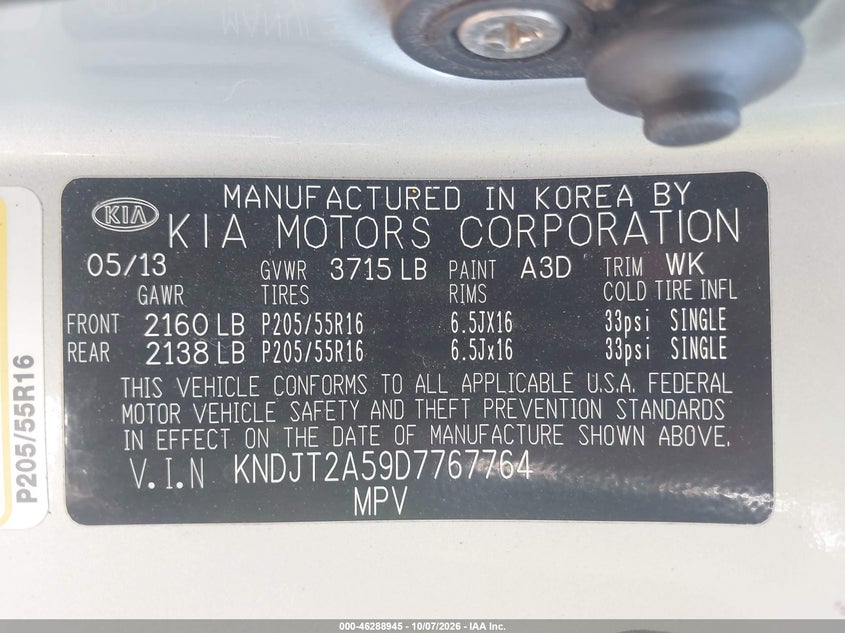 KIA SOUL 2013 VIN KNDJT2A59D7767764