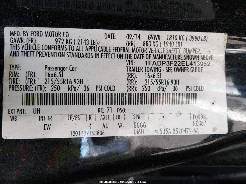 FORD FOCUS 2014 VIN 1FADP3F22EL413962