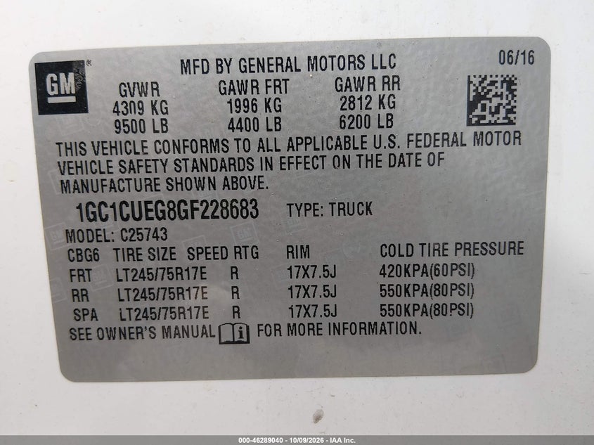 CHEVROLET SILVERADO 2500HD 2016 VIN 1GC1CUEG8GF228683